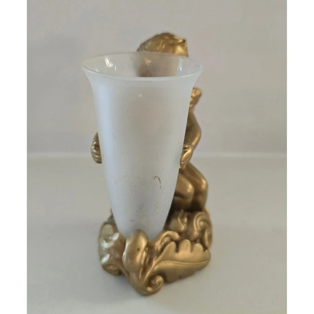 Gold Cherub Angel Bud Vase Frosted Glass Insert Ornate Scroll Base Decor